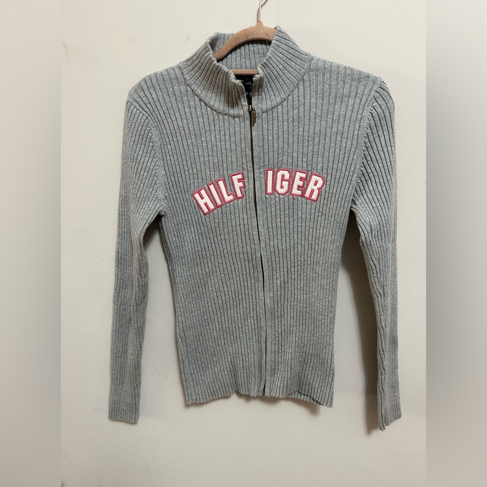 y2k Tommy Hilfiger Ribbed Zip Up Spell Out Sweater M